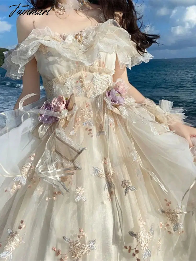 Tavimart Summer Lolita Midi Dress Women Casual Vintage Luxur Dress Office Lady Kawaii Clothing Short Sleeve Lace Even Party Dress Mermaid Tail Wedding