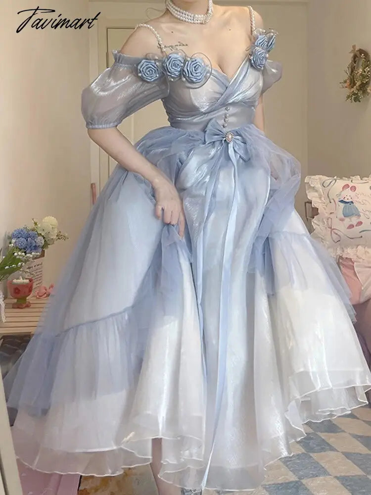 Tavimart Flower Wedding Lolita Dress Light Gradient Blue Rose Fairy Princess Kawaii Sweet Elegant Lolitas Tea Party Dresses Victorian Off-the-shoulder Chic Trendy
