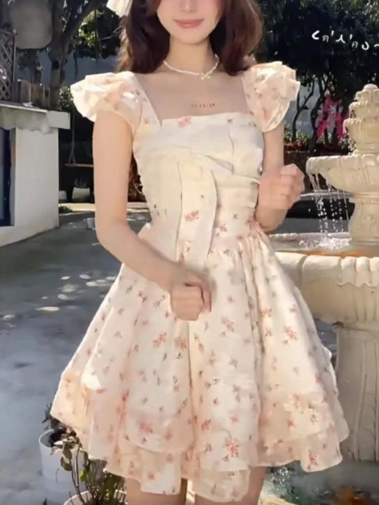 TAVIMART  -  Japan Sweet Floral Mini Dress Women Elegant Cute Bow Flying Sleeve One Piece Dress Summer Sexy Fairy Casual Evening Party Dress Tunics Silk luxurious