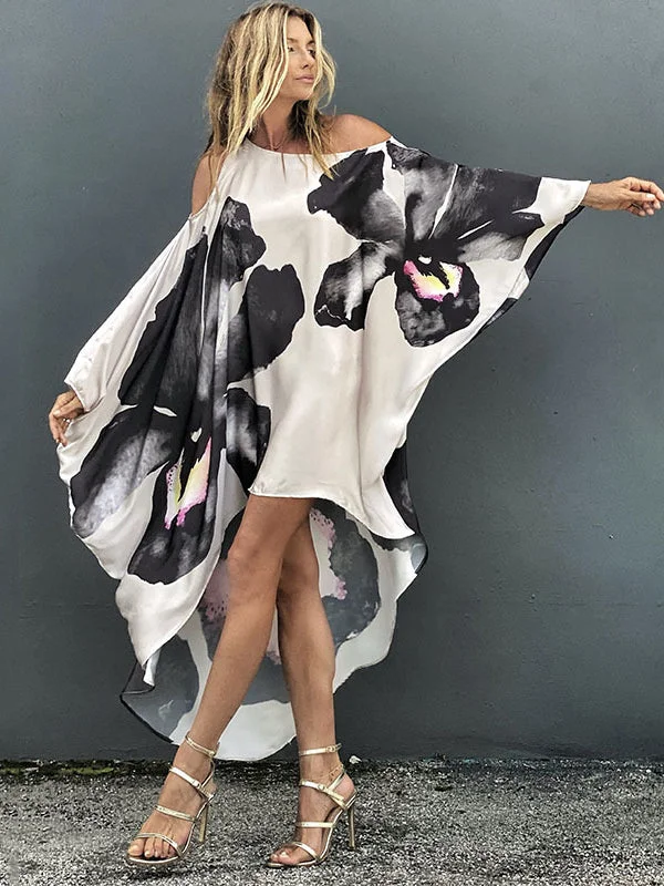 Loose Flower Print Cold Shoulder High-Low Long Dress Tunics Recommended stylist