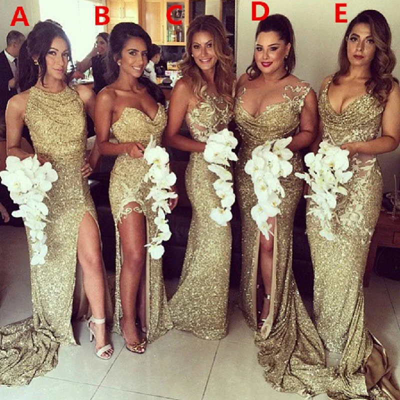 Sexy Unique Mismatched Gold Seuin Side Split Sparkly Women Long Wedding Party Dresses for Bridesmaids, WG86 Tunics Brand named