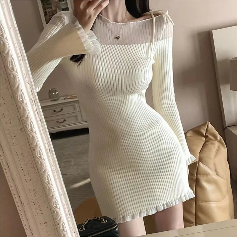 TAVIMART  -  Sexy Chic Bodycon Knitted Mini Dresses for Women Mesh Patchwork Slim Casual Party Dress Solid Korean Fashion Autumn New Vestidos Square Neckline Feminine