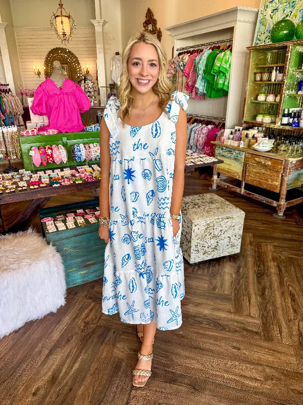 Beach Dress Midi: Blue Crew Neckline Sporty