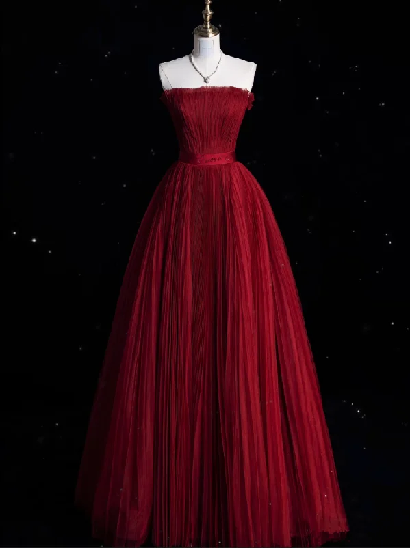 Bonnyshow Modest A Line Strapless Burgundy Party Dress Long Prom Dress Evening Dresses SD1856 Crew Neckline Casual