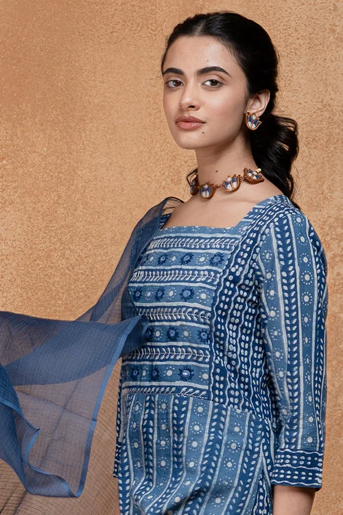 Okhai "Neelay" Hand-Embroidered Mirrorwork Handblock Printed Pure Cotton Kurta Pant Set Comfortable Wide-Leg Pants Okhai "Neelay" Hand-Embroidered Mirrorwork Handblock Printed Pure Cotton Kurta Pant Set Comfortable Wide-Leg Pants
