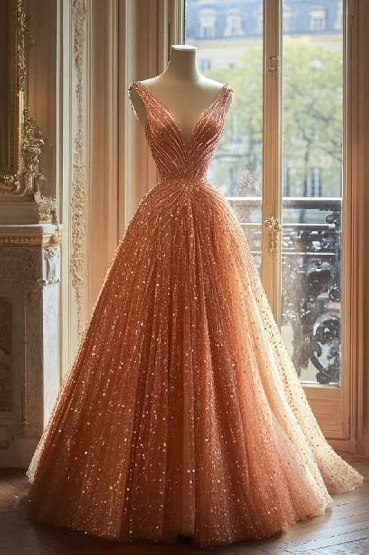 Bonnyshow Retro Ball Gown V Neckline Sequin Party Dress Long Prom Dress Evening Dresses SD1749 Tunics Business professional