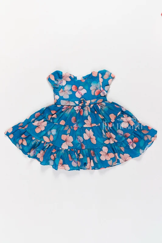 Charming Blue Princess Dress for Girls with Butterfly Floral Print Tunics Fashionable trendy