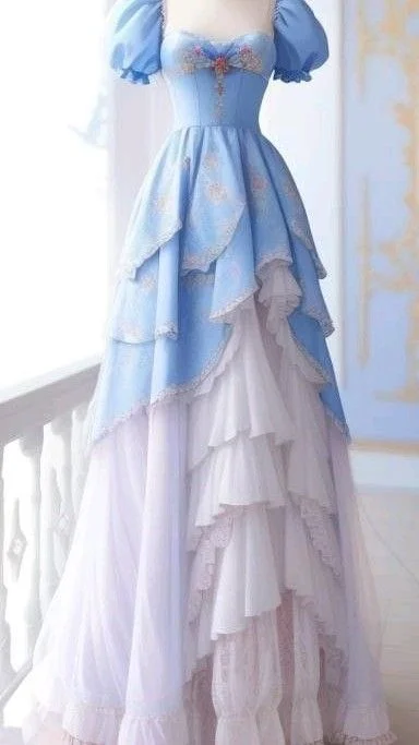 Bonnyshow Retro Ball Gown Sweetheart Layers Blue Party Dress Long Prom Dresses Evening Dress SD1786 Tunics Hiking breathable