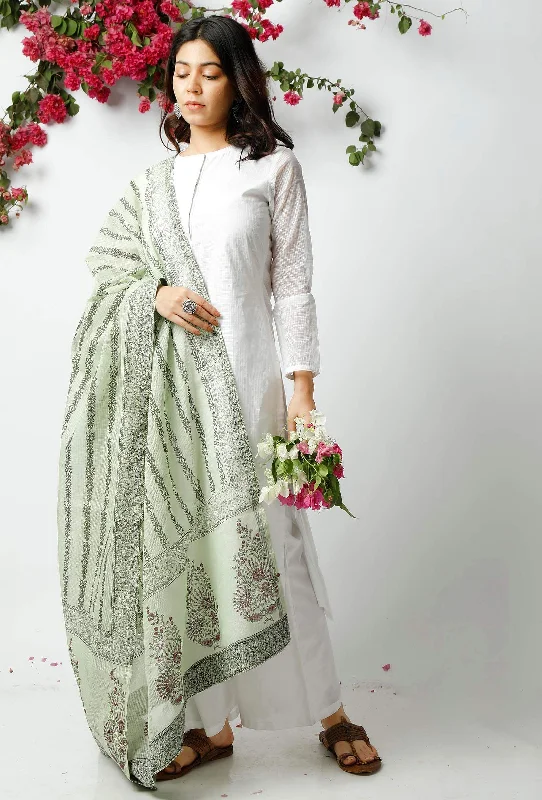 Set of 3: The Tasteful light green Kota Dupatta matched with The Flawless White Kota Kurta and White Pant Elegant Palazzo Trousers