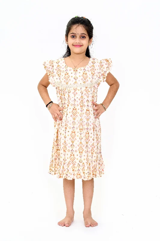 Elegant Girls Cotton Dress Fashion with Geometric Print and Delicate Lace Design empire Waist empire