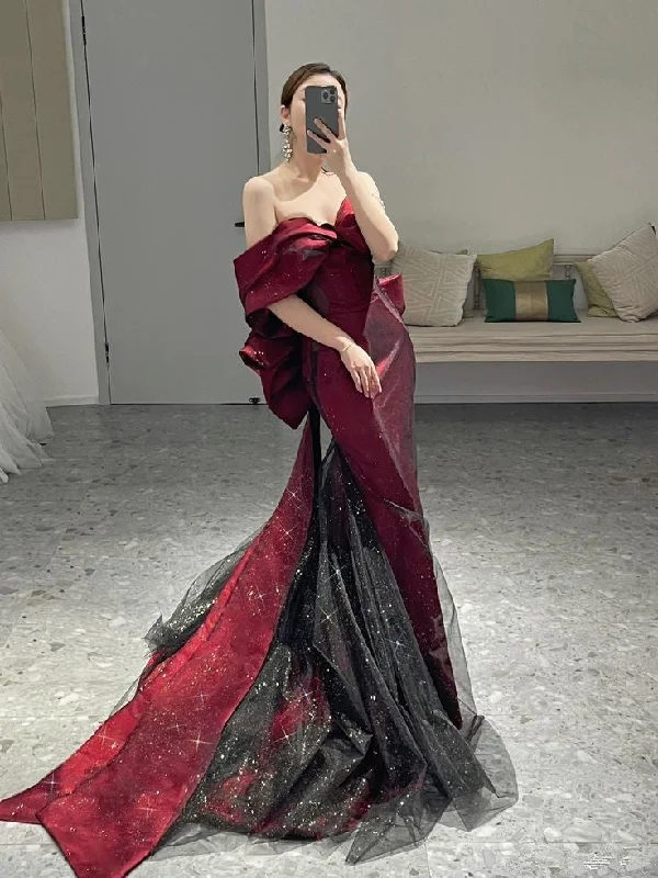 Bonnyshow Classy Mermaid Off The Shoulder Burgundy Long Party Dress Sequin Prom Dresses SD1799 Pencil Length Work