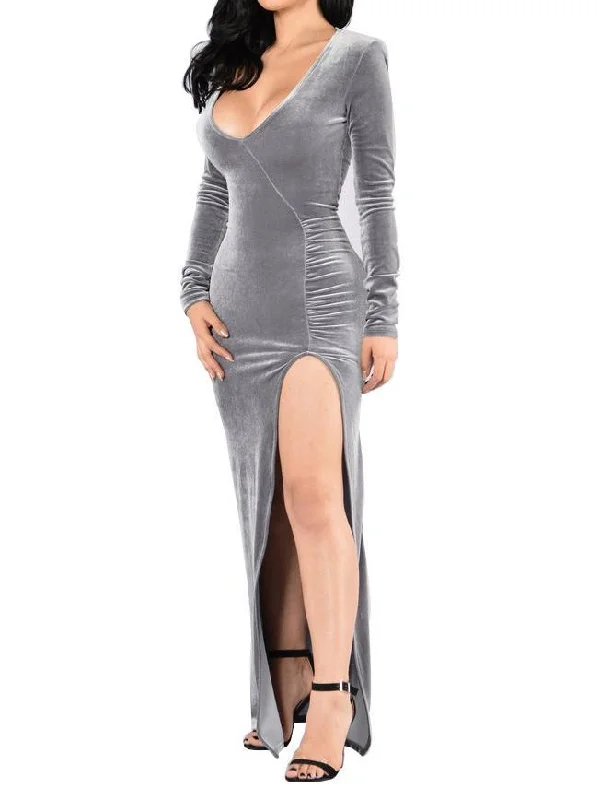 Fashion Gold velvet fabric dress party dress Long Sleeves V-neck dress sweetheart Neckline Romantic