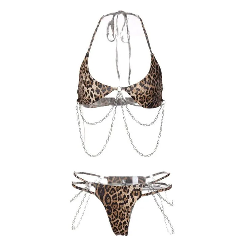 Halter self tie leopard print u neck metal chain pant set Comfy Cargo Trousers