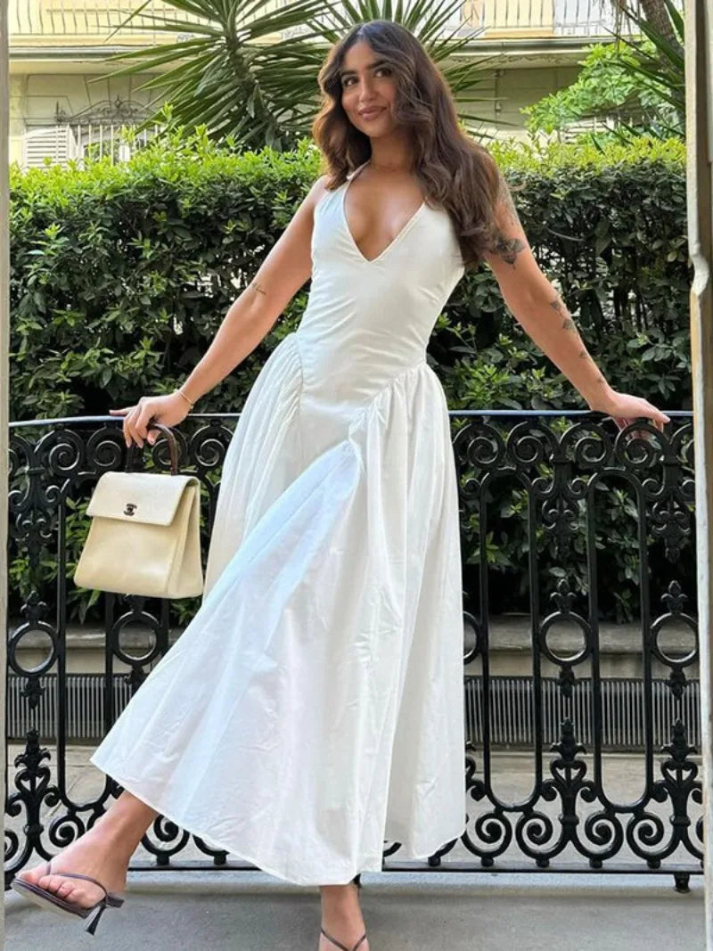 TAVIMART  -  Fashion Casual Woman Halter Neck White Long Dress Streetwear 2024 Female Clothing Backless Bandage Tunics Holiday Party Dresses Tunics Luxurious premium