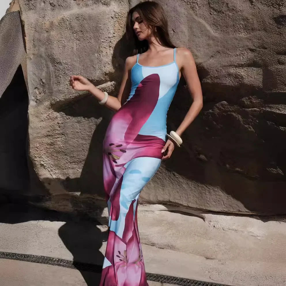Bonnyshow Flower Print Beach Dress Women Fashion Spaghetti Strap Slim Maxi Dresses Summer Sexy Backless Holiday Party Dress Pencil Length Work