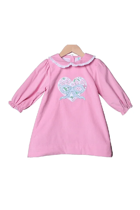 Floral Heart and Bow Applique Pink Corduroy Dress Tunics Stylish elegant