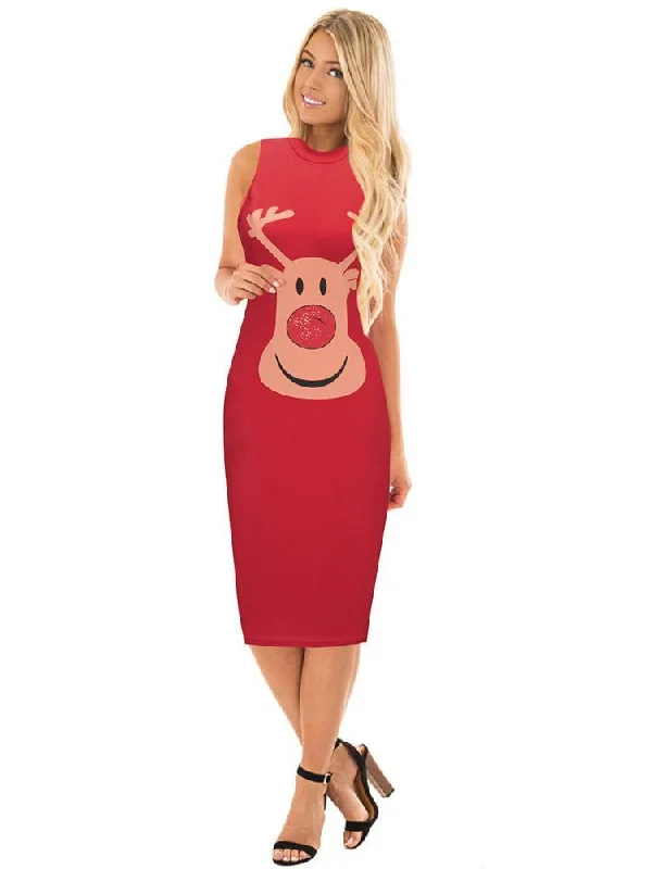 Stylish Women Xmas dress bodycon round neck sleeveless ladies casual party dress Tunics stripes playful