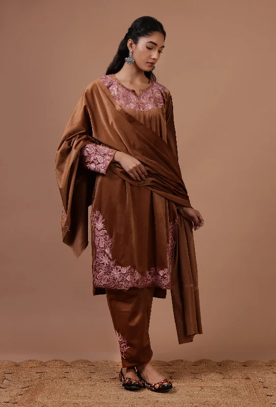 Chocolate Brown Velvet Ari Embroidered Kurta, Pant And Dupatta Set- Free Size Formal Wide-Leg Pants