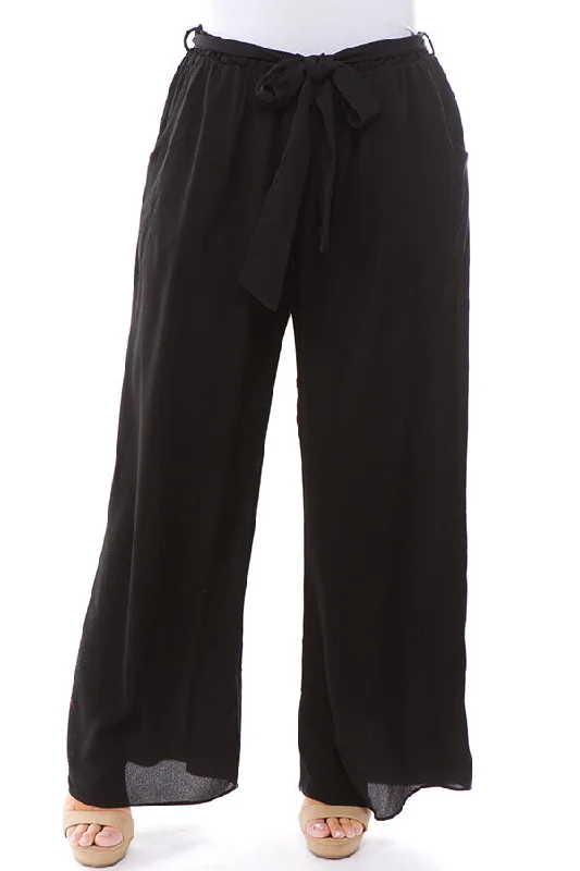Black Flowy Dress Pant with Tie Elegant Wool Trousers