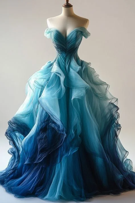 Bonnyshow Retro Light Off The Shoulder Tulle Blue Party Dress Prom Dress Evening Dress SD1755 A-Line Day Work