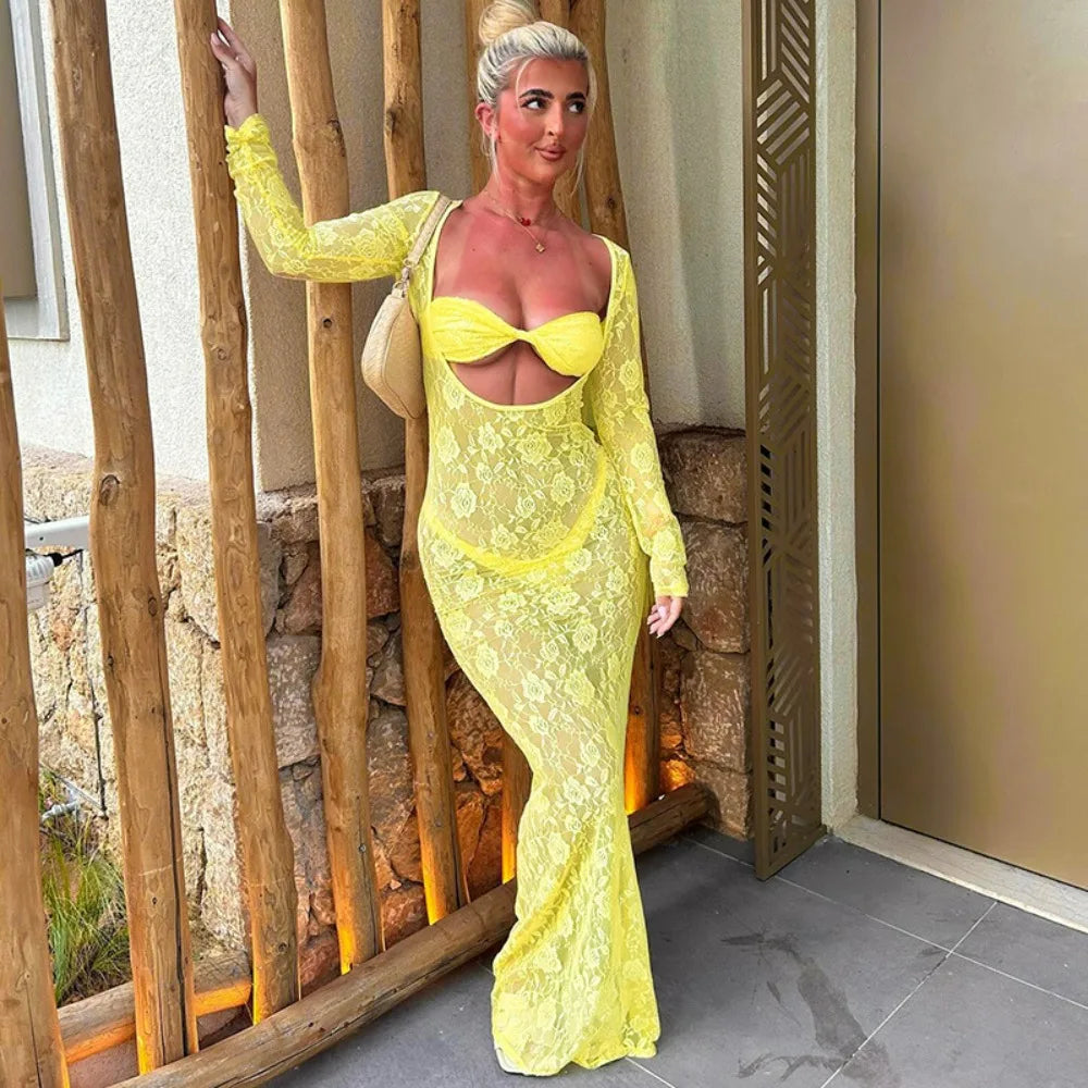 Bonnyshow Yellow Lace Long Beach Dress Women Sexy See Through Slim Night Club Party Dresses Summer Fashion Hollow Out Holiday Dress Tunics Favorite customer