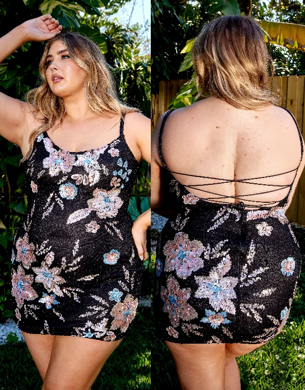Primavera Couture 14027 Curvy Cocktail Dress Beaded Embellished Floral Sequin Design Spaghetti Strap Open Tie Back Scoop Neck Curvy Homecoming Cocktail Dress Tunics Running lightweight