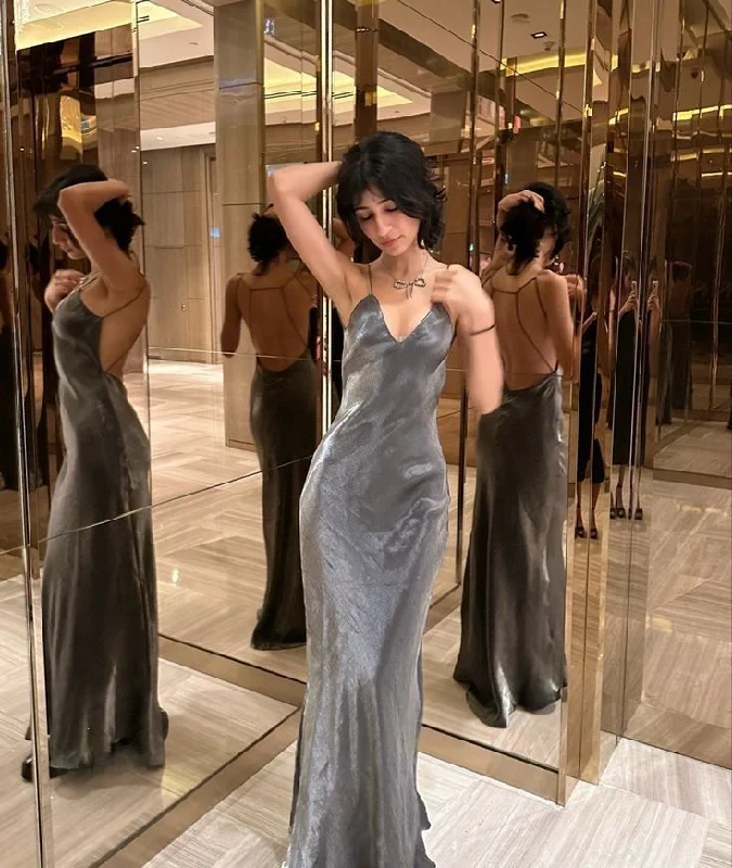 Bonnyshow Charming Satin Mermaid Long Party Dress Graduation Gown Gray Prom Dress Evening Dress SD1735 Pleated Skirt Elegant