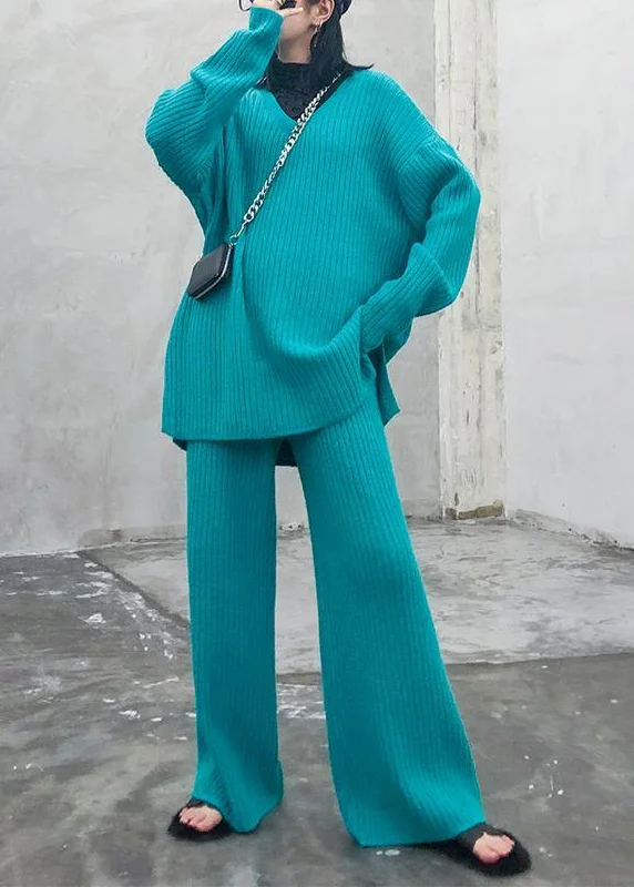 Autumn and winter suit 2025 new women's fashion knitted wide leg pants blue green two piece Slim Fit Casual Pants
