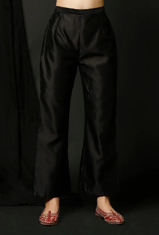 Black Raw Silk Pants Trendy Wide-Leg Pants