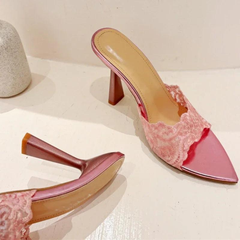 TAVIMART  -  Embroidery Designer High Heels Slippers Women Sexy Pointed Toe Party Dress Shoes Summer Elegant Fashion Thin Heels Sandals Women Tunics stripes playful