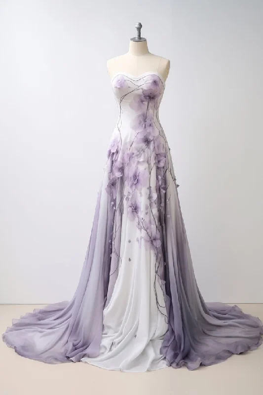 Bonnyshow Retro Ball Gown Sweetheart Neckline Chiffon Ombre Lilac Party Dress Long Prom Dress Evening Dresses SD1760 sweetheart Neckline Romantic