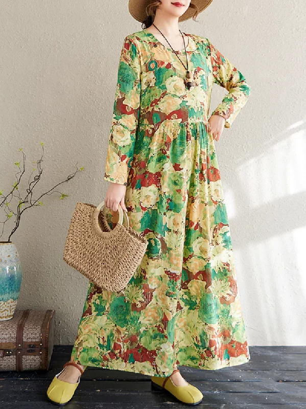 Women's Spring Loose Green Flower Printed Smock dress Tunics Review highly