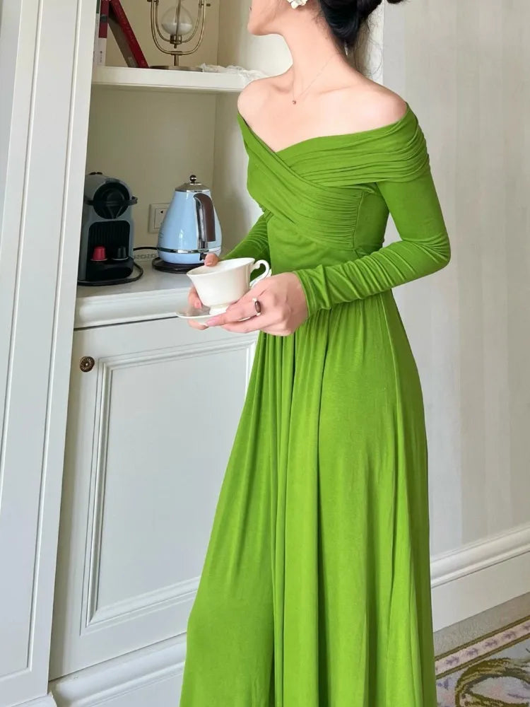 Bonnyshow Vintage Green Knitted Long Sleeve Dress For Women  Spring New High Grade Off Shoulder Style Slim Evening Party Dress Vestido Tunics Favorite customer