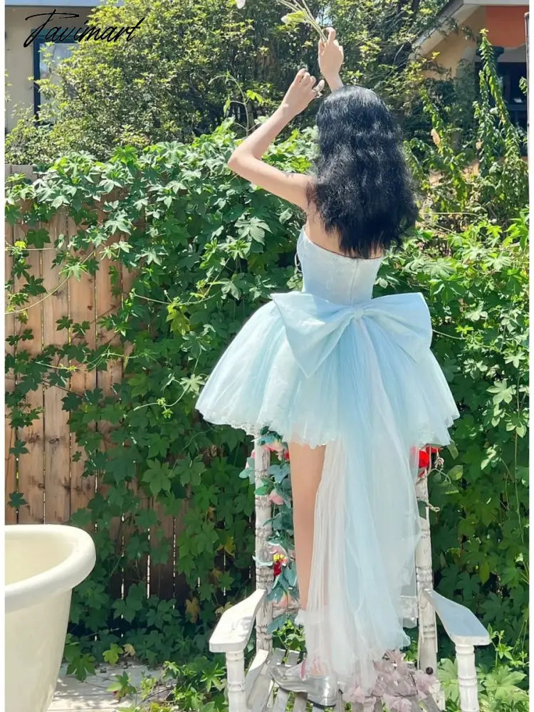 Tavimart Women Elegant Off Shoulder Patchwork Tutu Party Dress Summer Blue White Mesh Slim Sweet Ballet Dress Female Wedding Dress Pencil Length Work