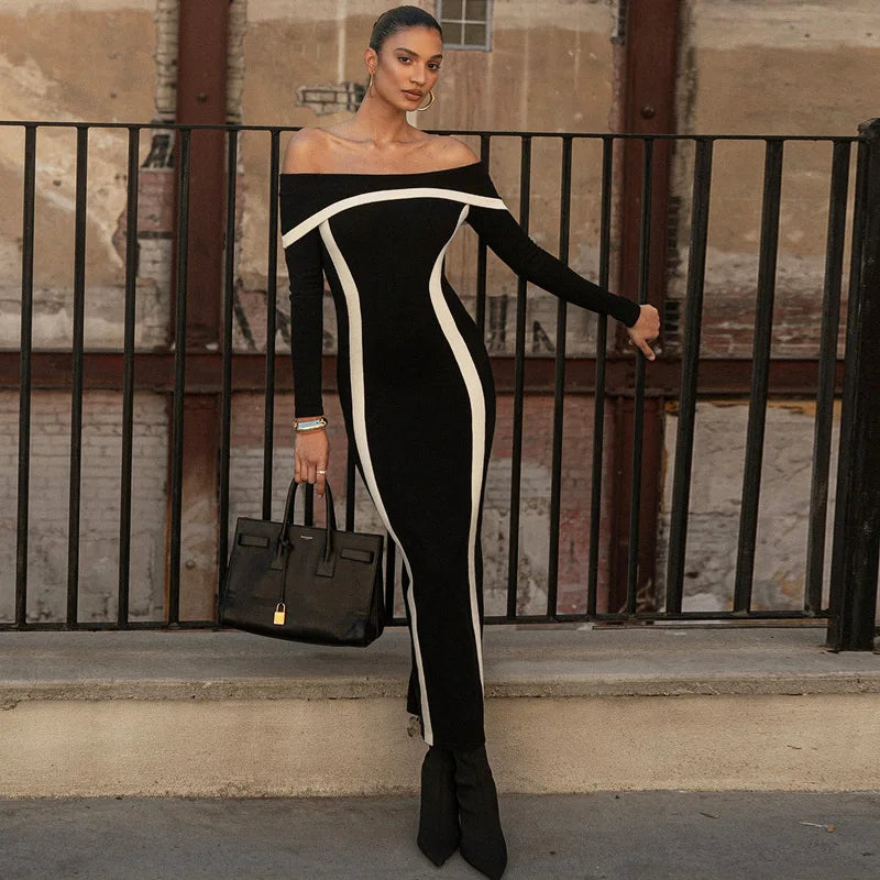 Bonnyshow Autumn Winter Maxi Dress for Women Fashion Patchwork Slim Evening Party Dresses Sexy Off The Shoulder Backless Dress Tunics Designer luxury