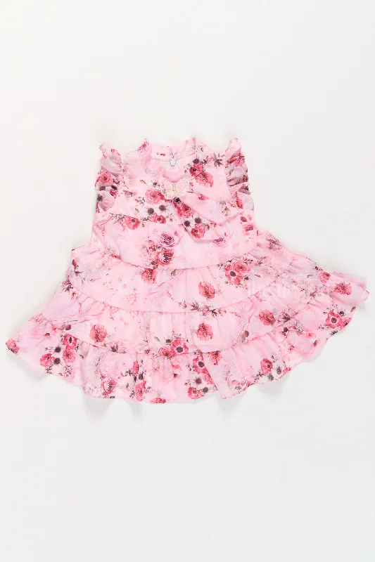 Dresses and Frocks for Girls with Pink Floral Patterns and Ruffled Design Elegant Long Evening