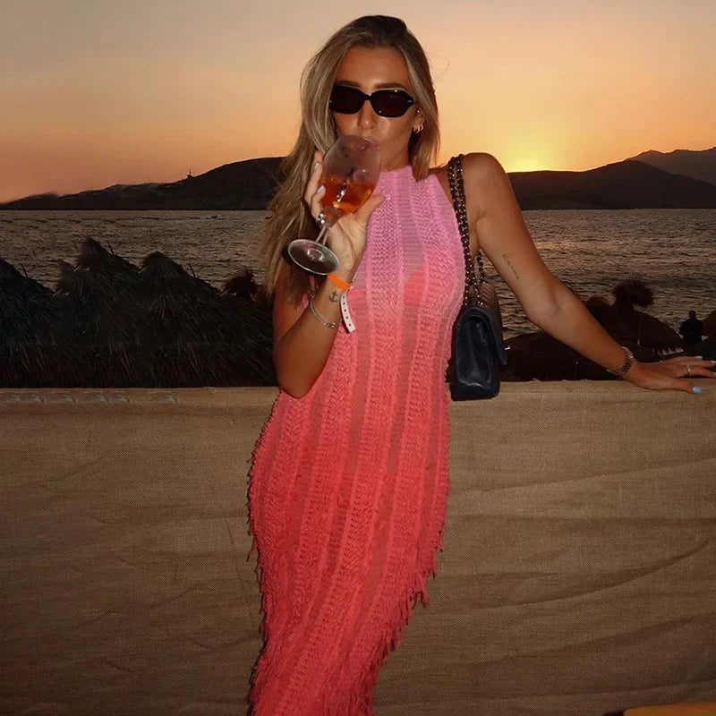 Bonnyshow Pink Gradient Beach Dress Women Fashion Hollow Out Tassel Slim Dresses Summer Sexy See Through Holiday Club Party Dress Tunics Stylish modern