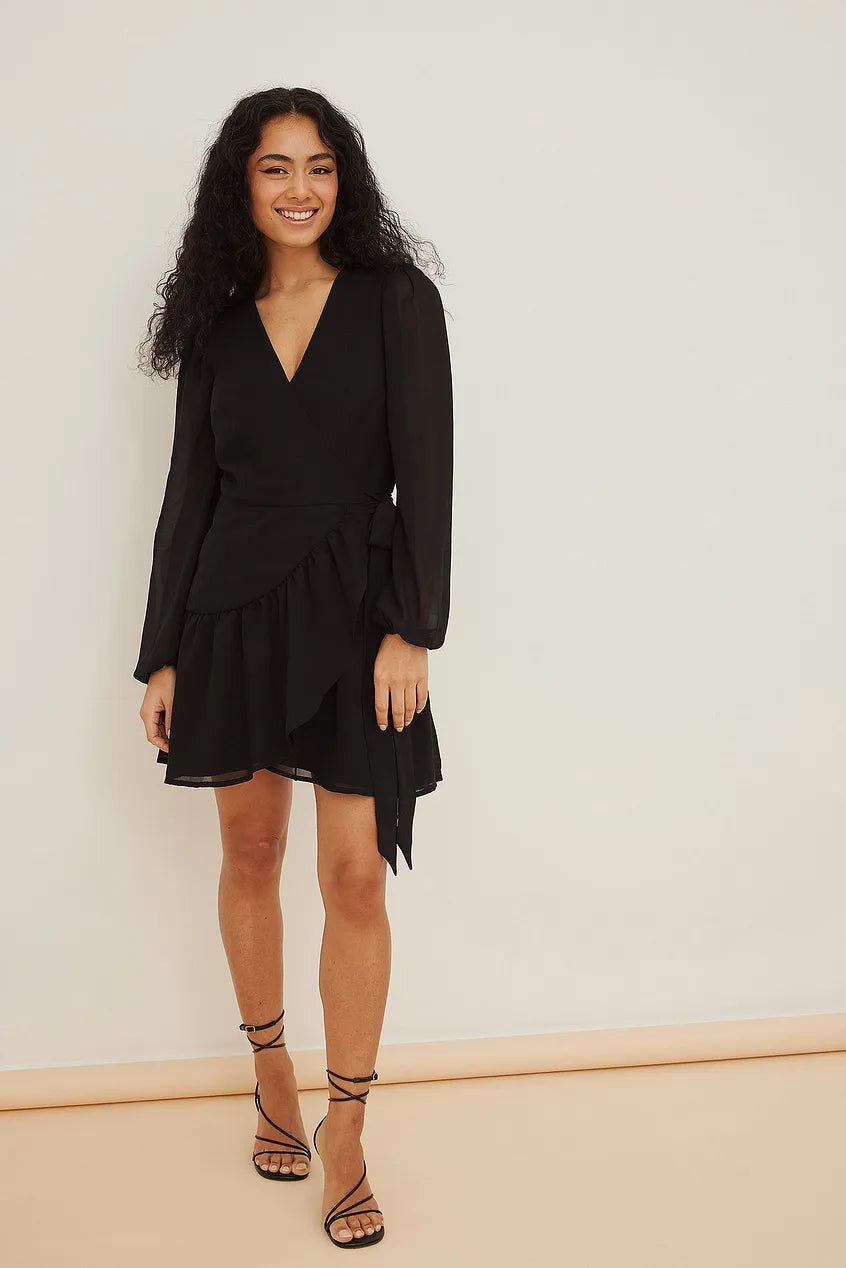 Overlap V-neck Flounce Dress Black Tunics Practical easy-care