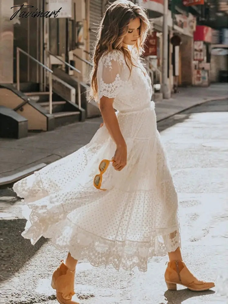 Tavimart White Lace Dress Women Elegant Hollow Patchwork Dress Summer Casual Short Sleeve Party Dress Female V-Neck SemiSheer Tunic Dress High-Low Hemline Casual