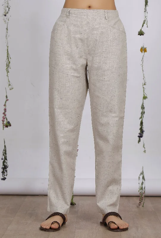 Beige Straight Cotton Khadi Pants with Pockets Comfy High-Waist Jeans
