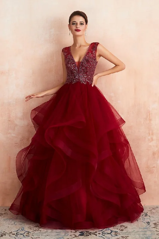 Charming Burgundy Sleeveless Party Dress Aline Puffy Tulle Evenign Dress with Sequins High-Low Hemline Casual