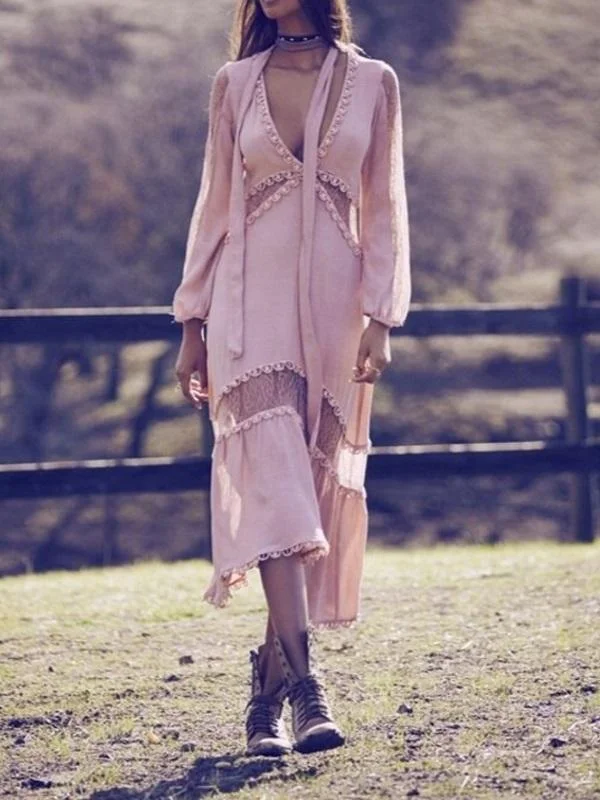 V-Neck Pink Long-Sleeve Patchwork Lace Boho Party Dress Tunics Plaid country