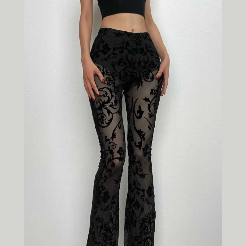 Lace solid high rise textured flared pant Comfortable Denim Pants