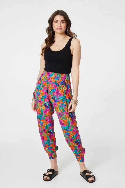 Floral Shirred High Waist Harem Pants Classic Chino Pants