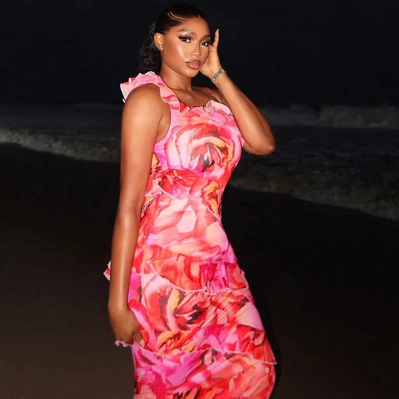 Bonnyshow Red Print Ruffle Dress Women Spaghetti Strap Slim Evening Party Dresses Sexy Sleeveless Backless Club Outfits Bodycon Fitted Nightout
