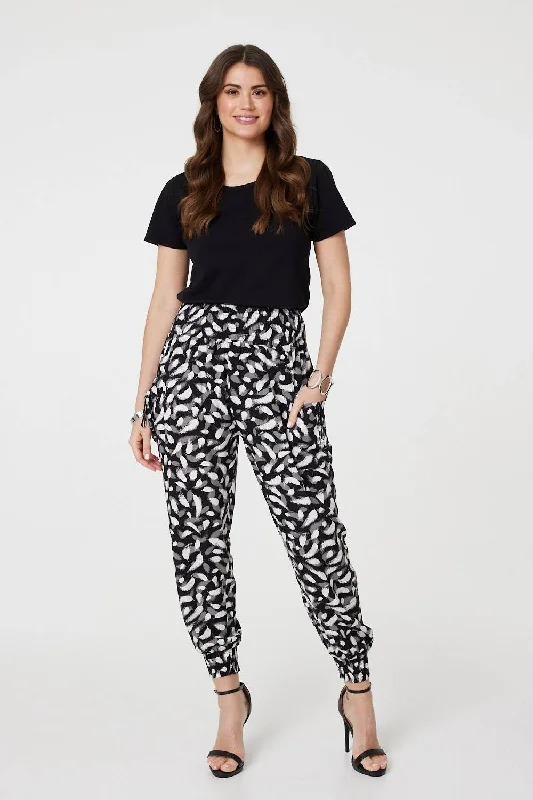Feather Print Harem Pants with Pockets Wide-Legged Palazzos