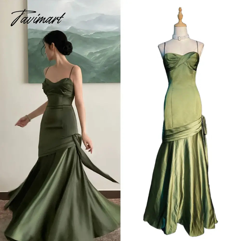 TAVIMART -  Elegant Emerald Green Irregular Patchwork Evening Party Dress High Waist Spaghetti Strap Pleated Hem Prom Gown For Women Tunics Summer linen
