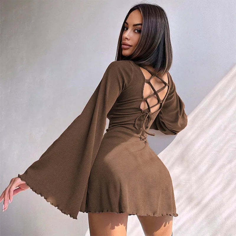 Bonnyshow Sexy Dresses Nightclub Mini Short Party Dress Women Back Bandage O Neck A Line Flare Sleeves Autumn Vestidos Ladies Fall Robe Tunics Office stylish