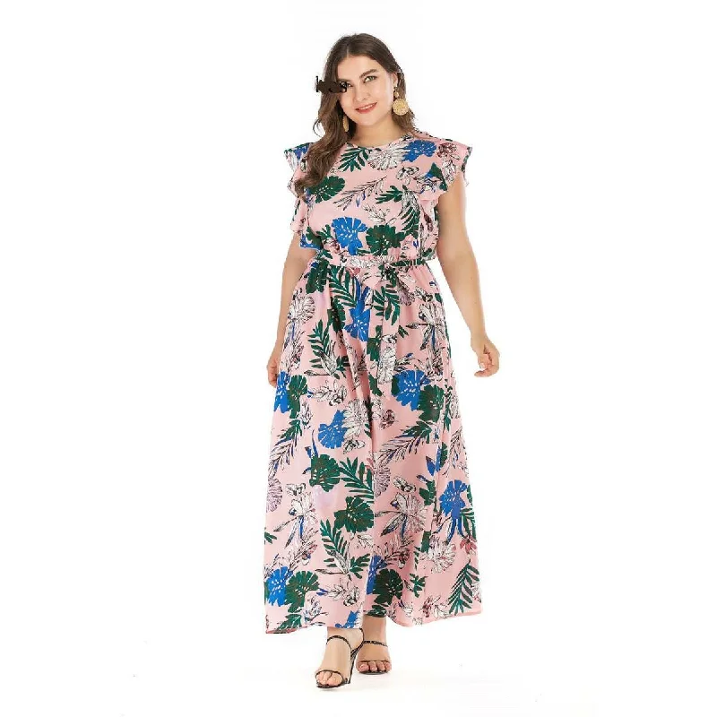 2019 summer bohemian elastic waist large swing dress 3xl 4xl Off-the-shoulder Chic Trendy