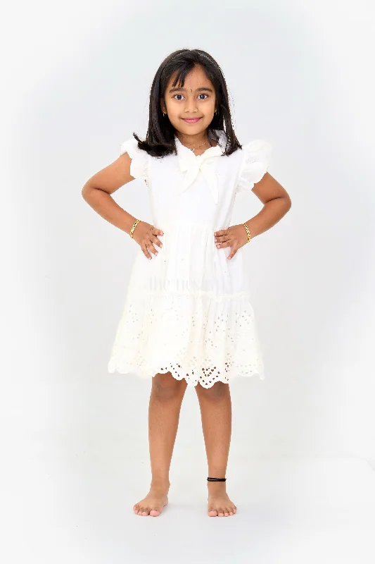 Girls Cinderella Fancy Cotton Dress with Bow and Eyelet Design Tunics Chic elegant